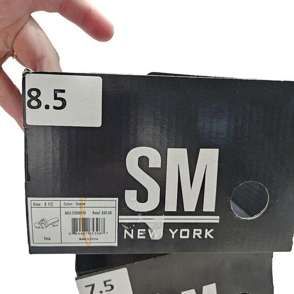 SM New York NWB Ina Denim Block Heel Sandals Open Toe Slip-On‎ Neutral Shoes - Picture 10 of 14